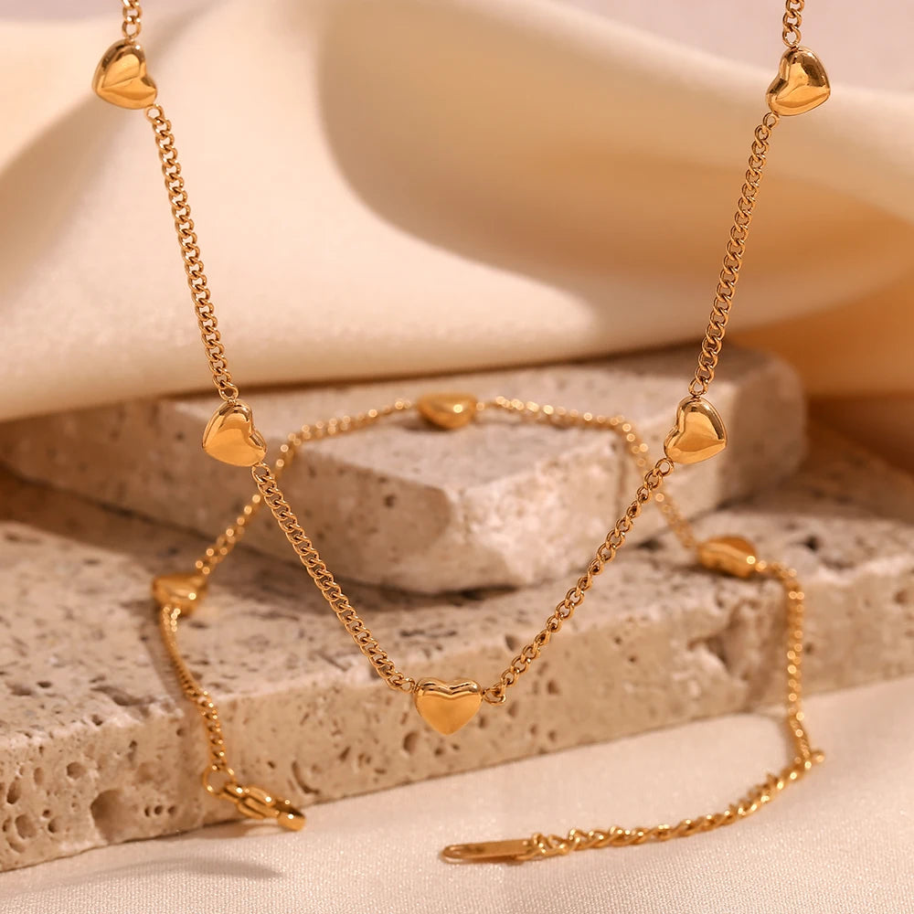 Heart Chain Bracelet Necklace Set 18K Gold