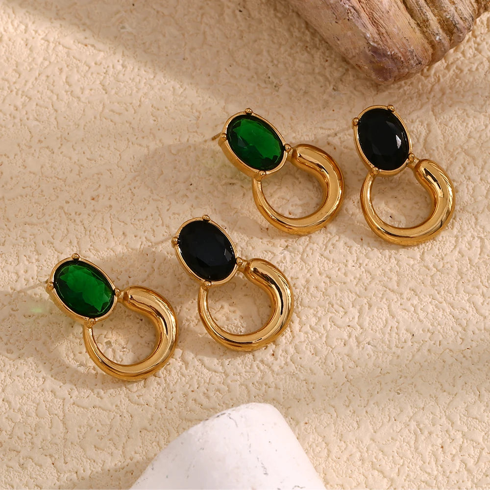 Oval Green Zircon Gold Plated Earrings