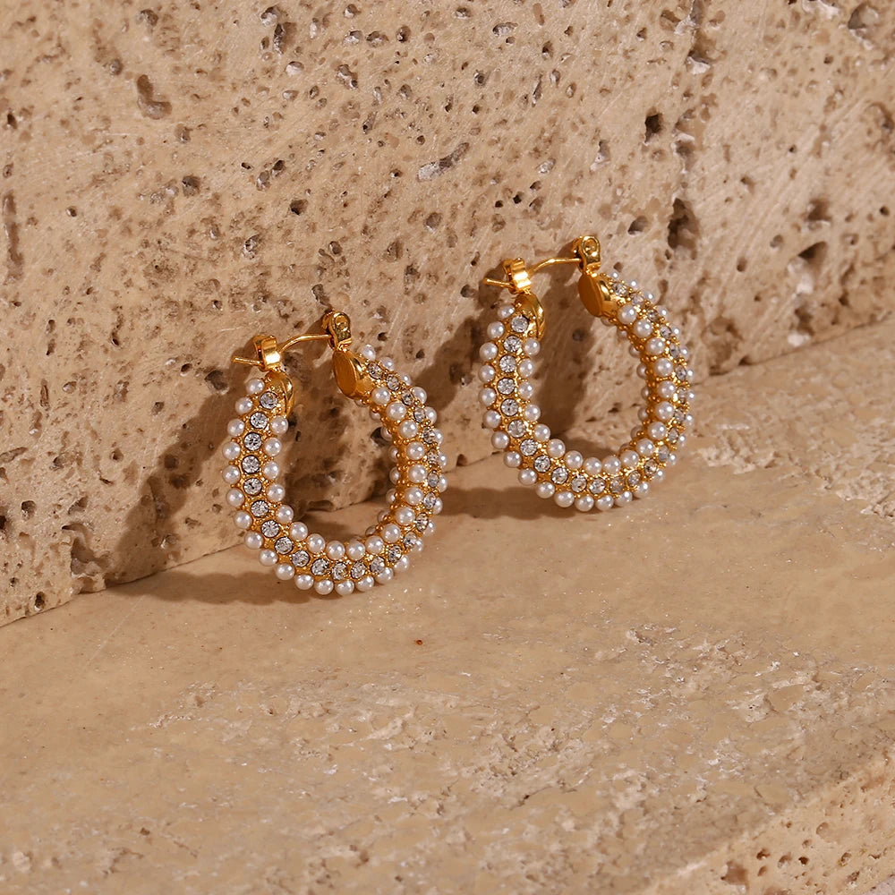 Exquisite Pearl Crystal Hoop Earrings