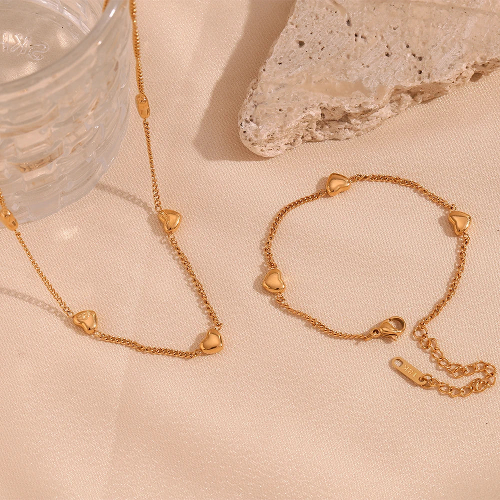 Heart Chain Bracelet Necklace Set 18K Gold