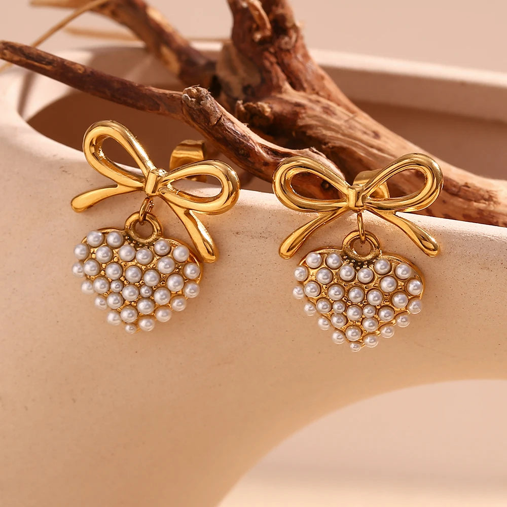 Pearl Love Pendant Bow Knot Earrings