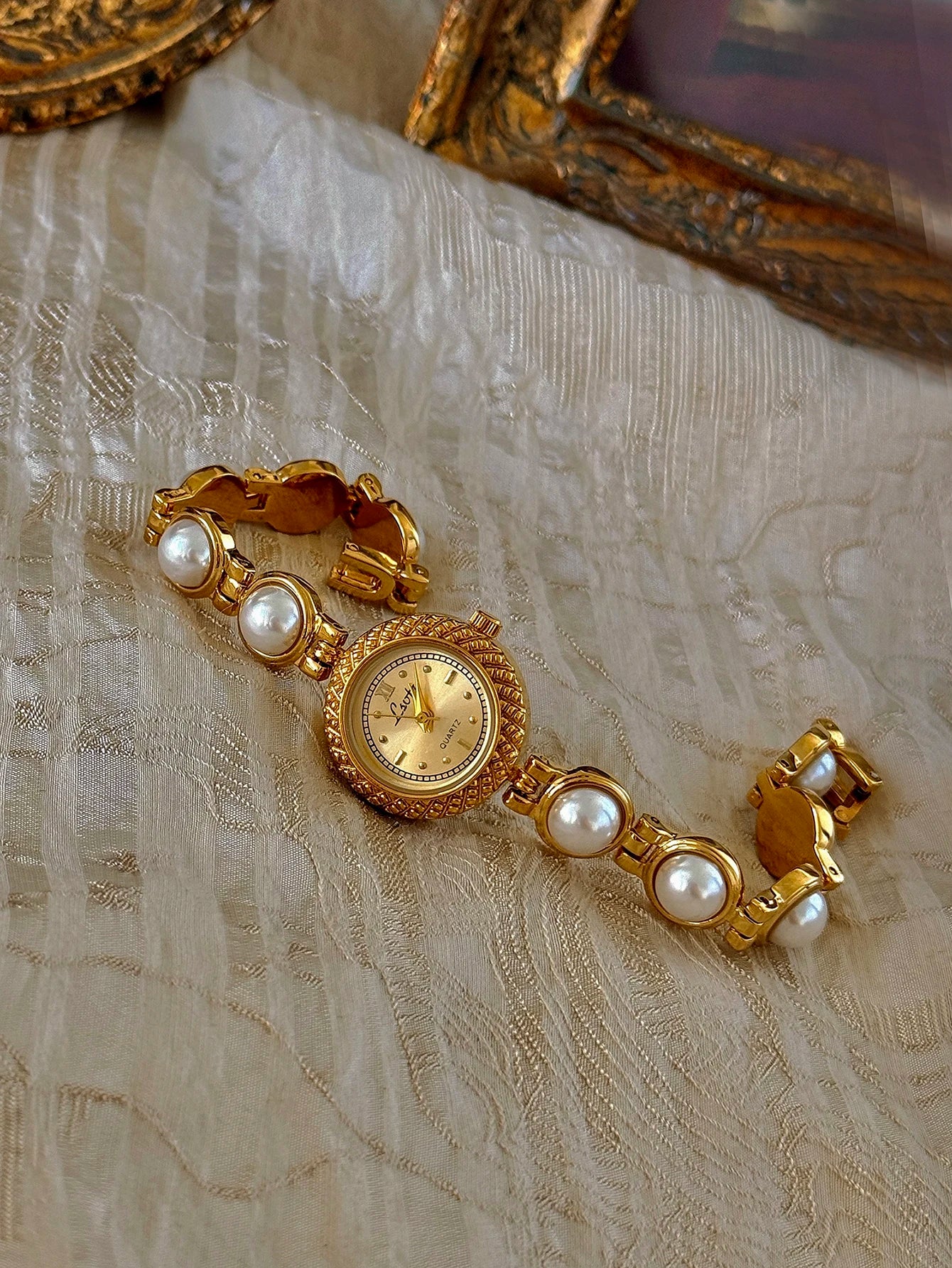 Gold Pearl Strap Watch