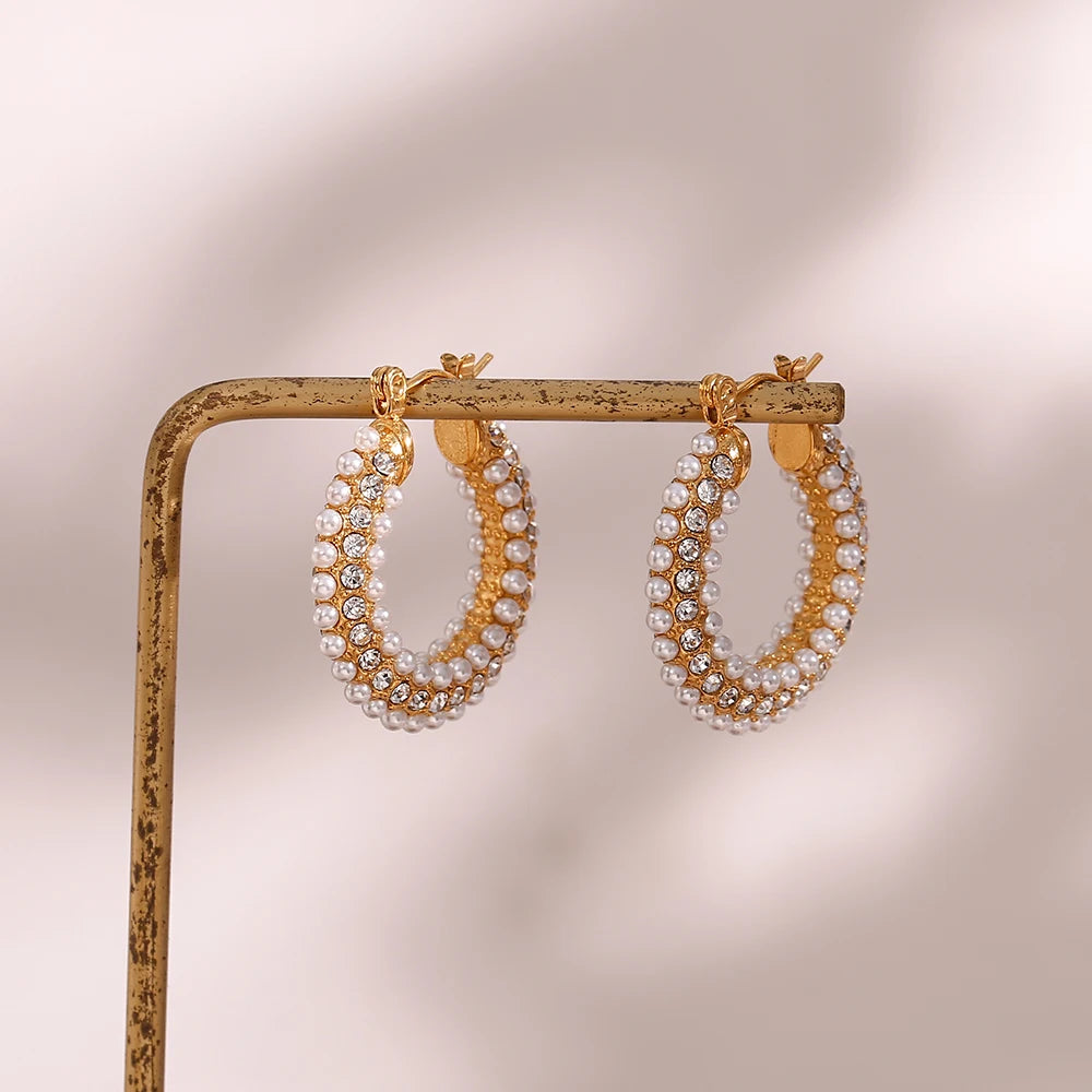 Exquisite Pearl Crystal Hoop Earrings