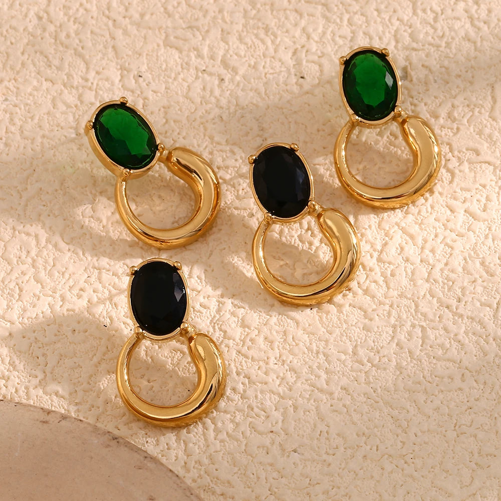 Oval Green Zircon Gold Plated Earrings