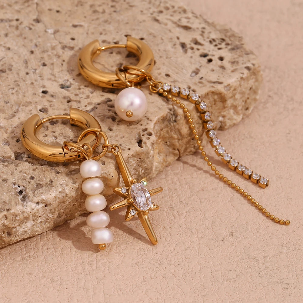 Asymmetric Pearl Star Earrings