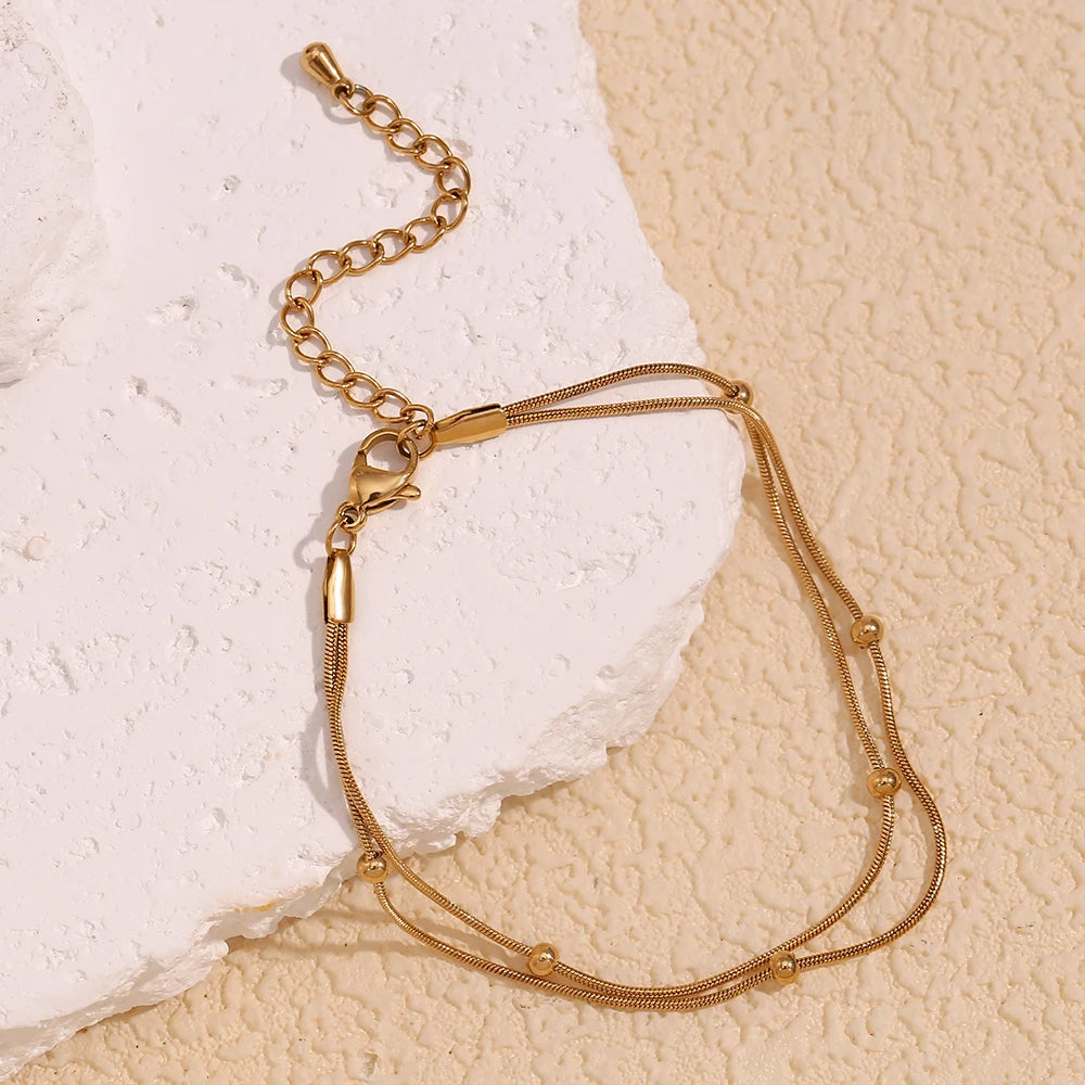 Double Layered Gold Bead Snake Chain Anklet