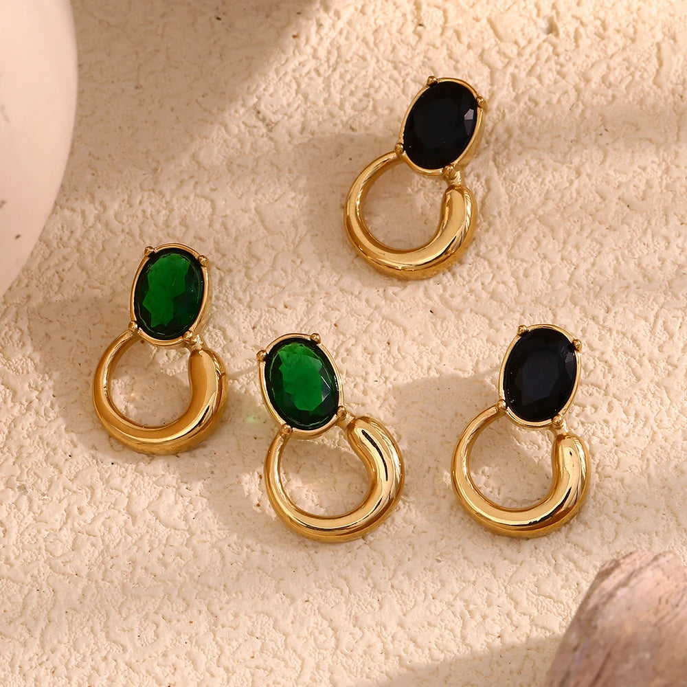 Oval Green Zircon Gold Plated Earrings