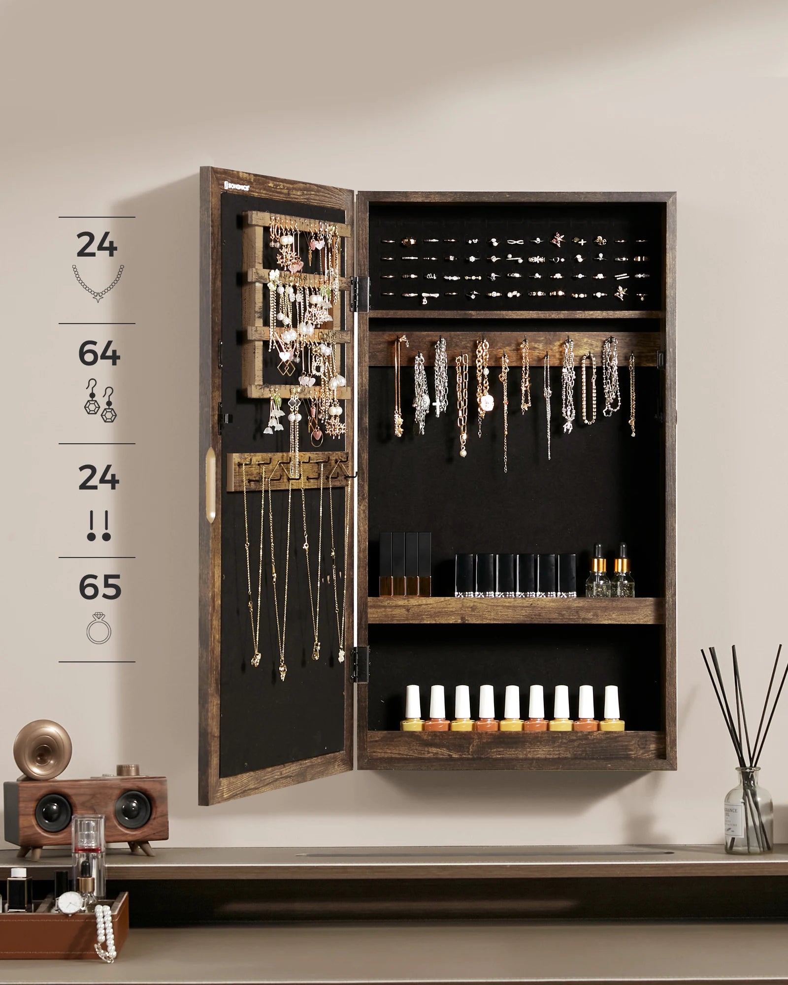 Lockable Jewelry Cabinet with Mirror