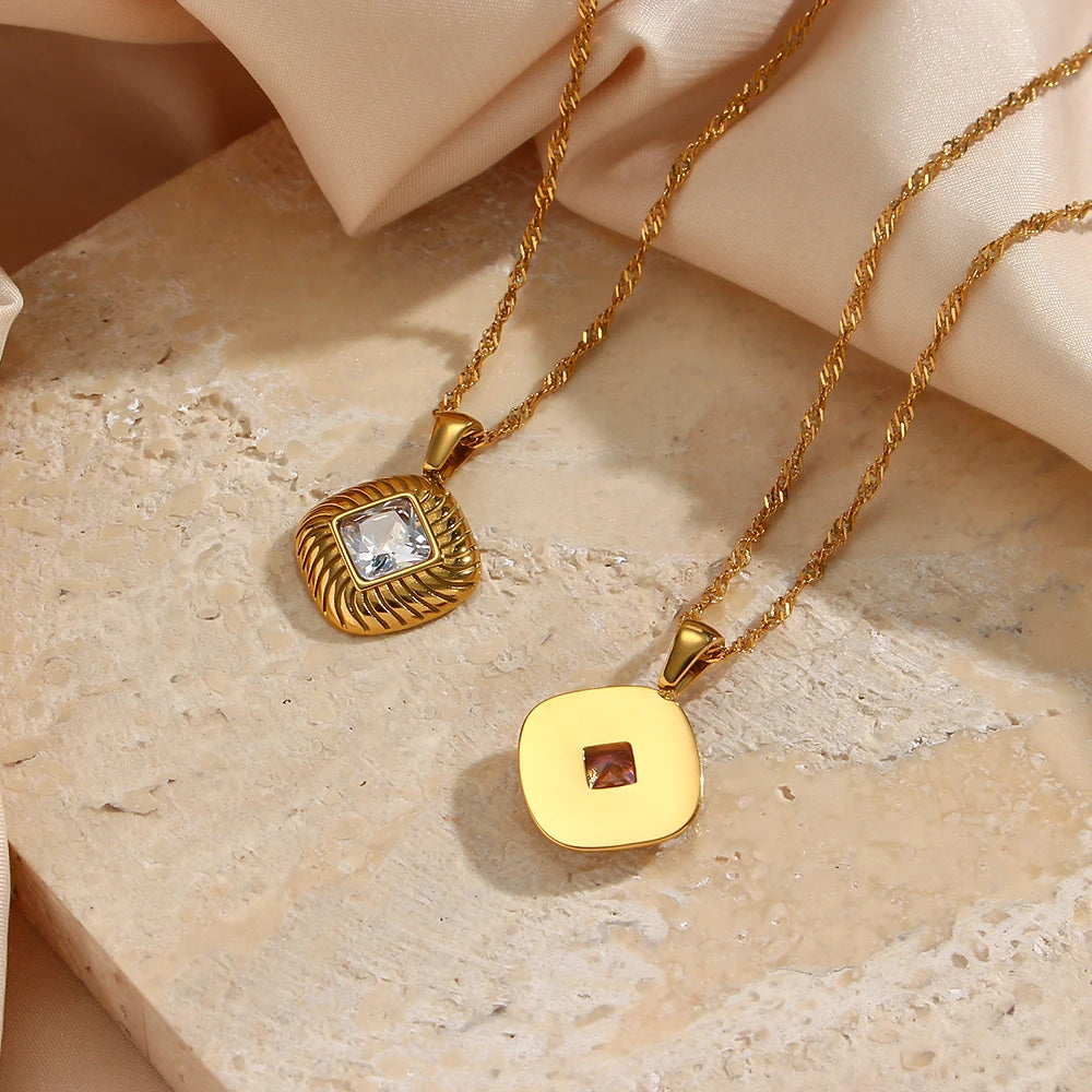 Fashion Square Texture Zircon Pendant Necklace