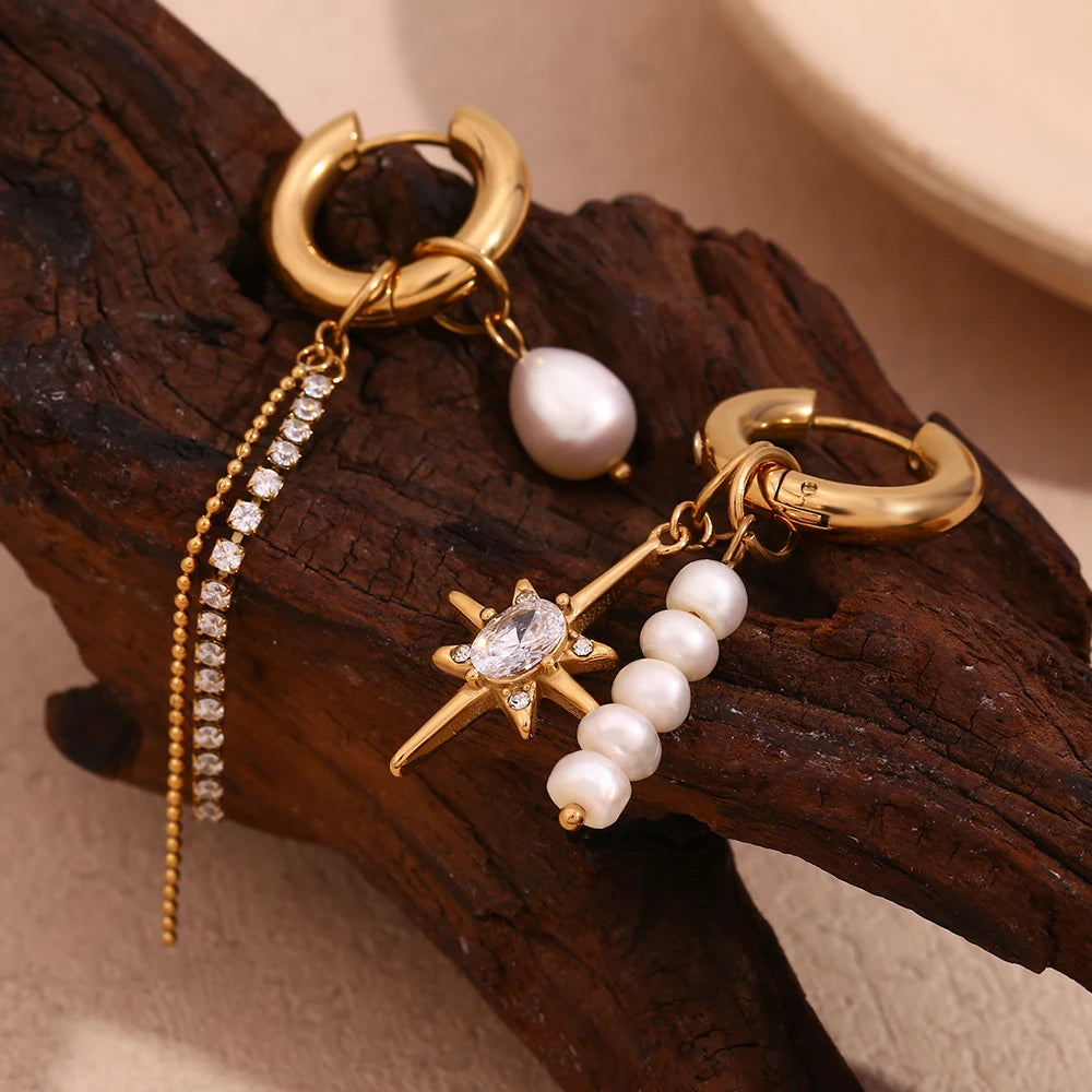 Asymmetric Pearl Star Earrings