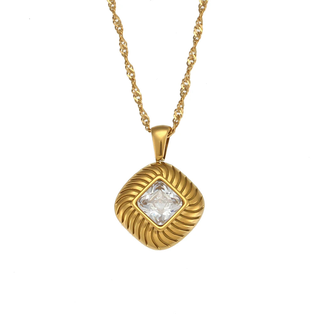 Fashion Square Texture Zircon Pendant Necklace