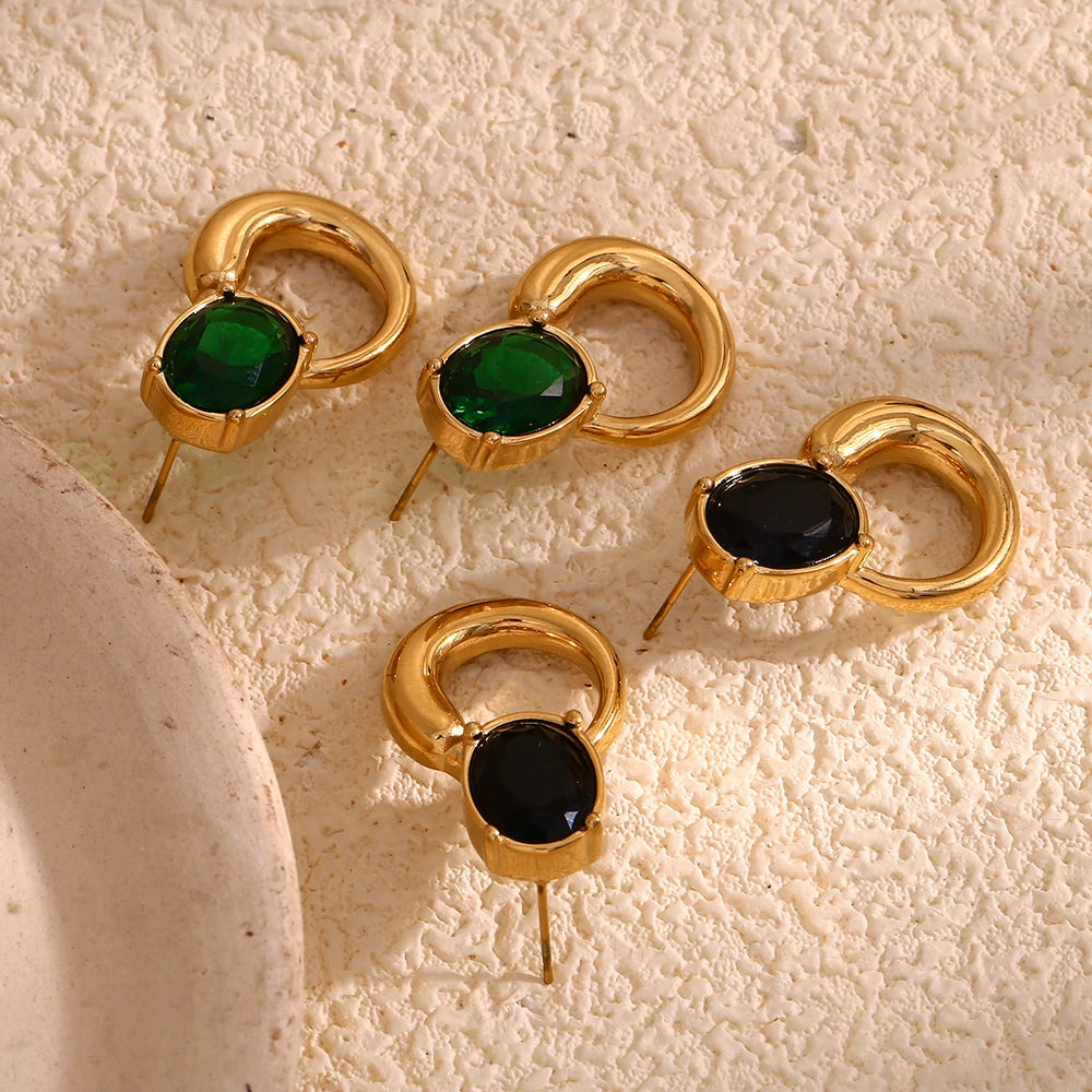 Oval Green Zircon Gold Plated Earrings