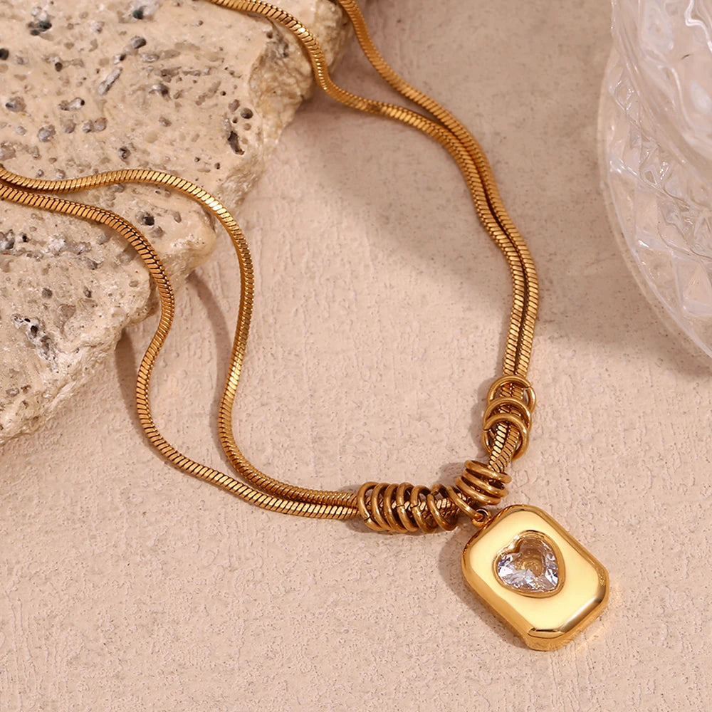 Double Layered Snake Chain Heart Zircon Necklace