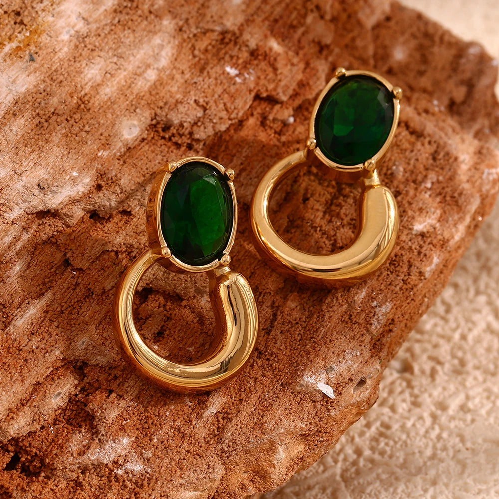 Oval Green Zircon Gold Plated Earrings