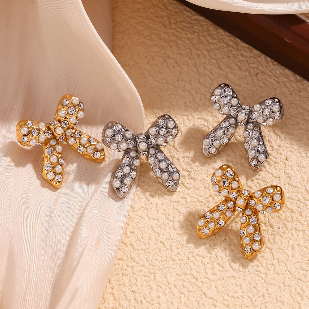 Pearl Zircon Bow Earrings