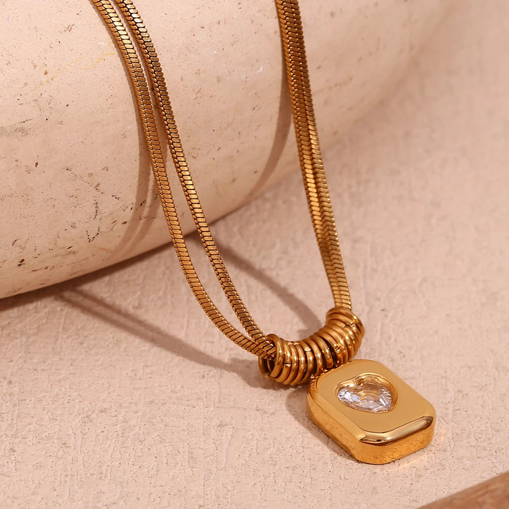 Double Layered Snake Chain Heart Zircon Necklace